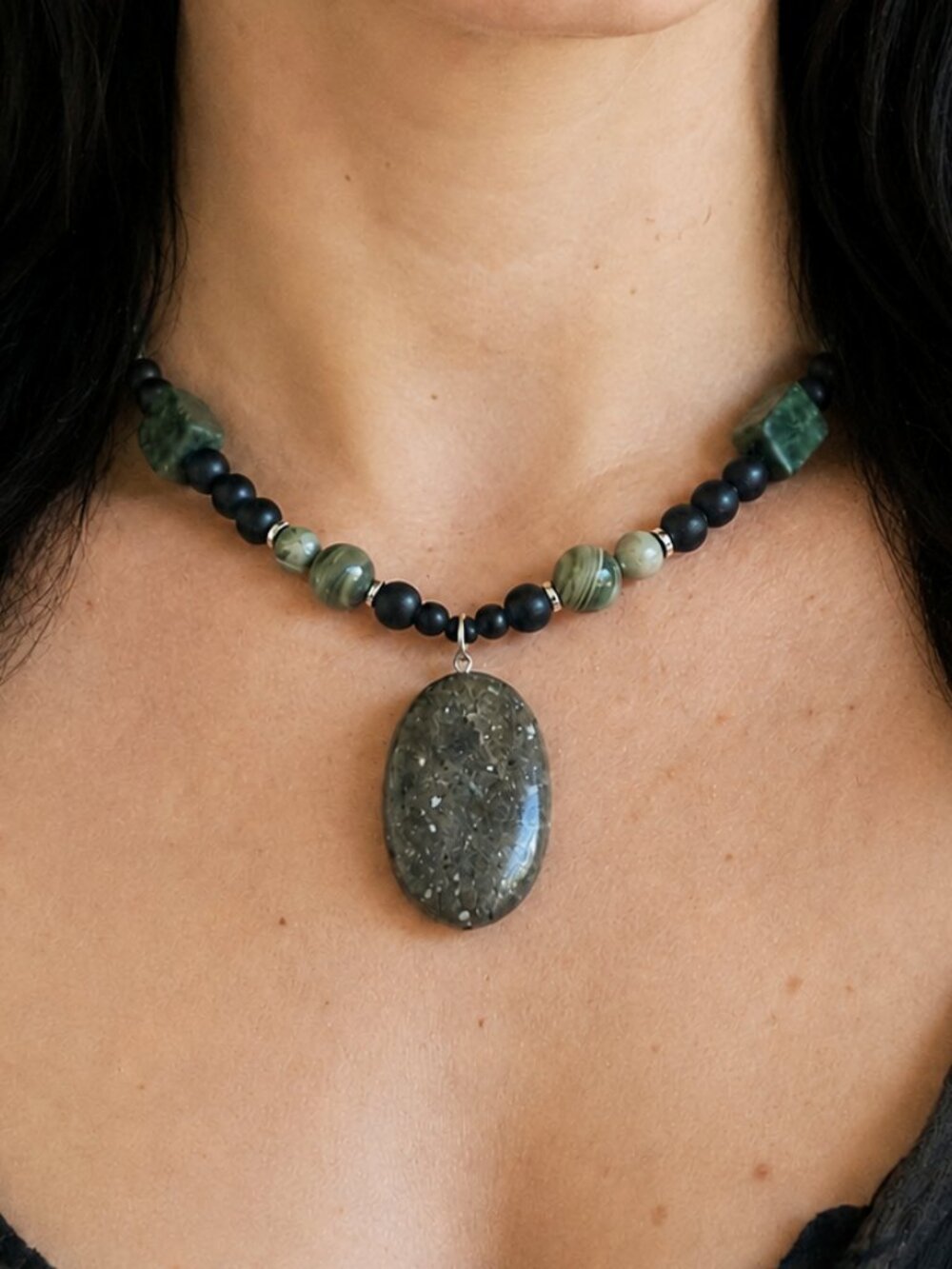 Jasper Gemstone Beaded Pendant Necklace | Bohemian Grunge Necklace | Goblincore
